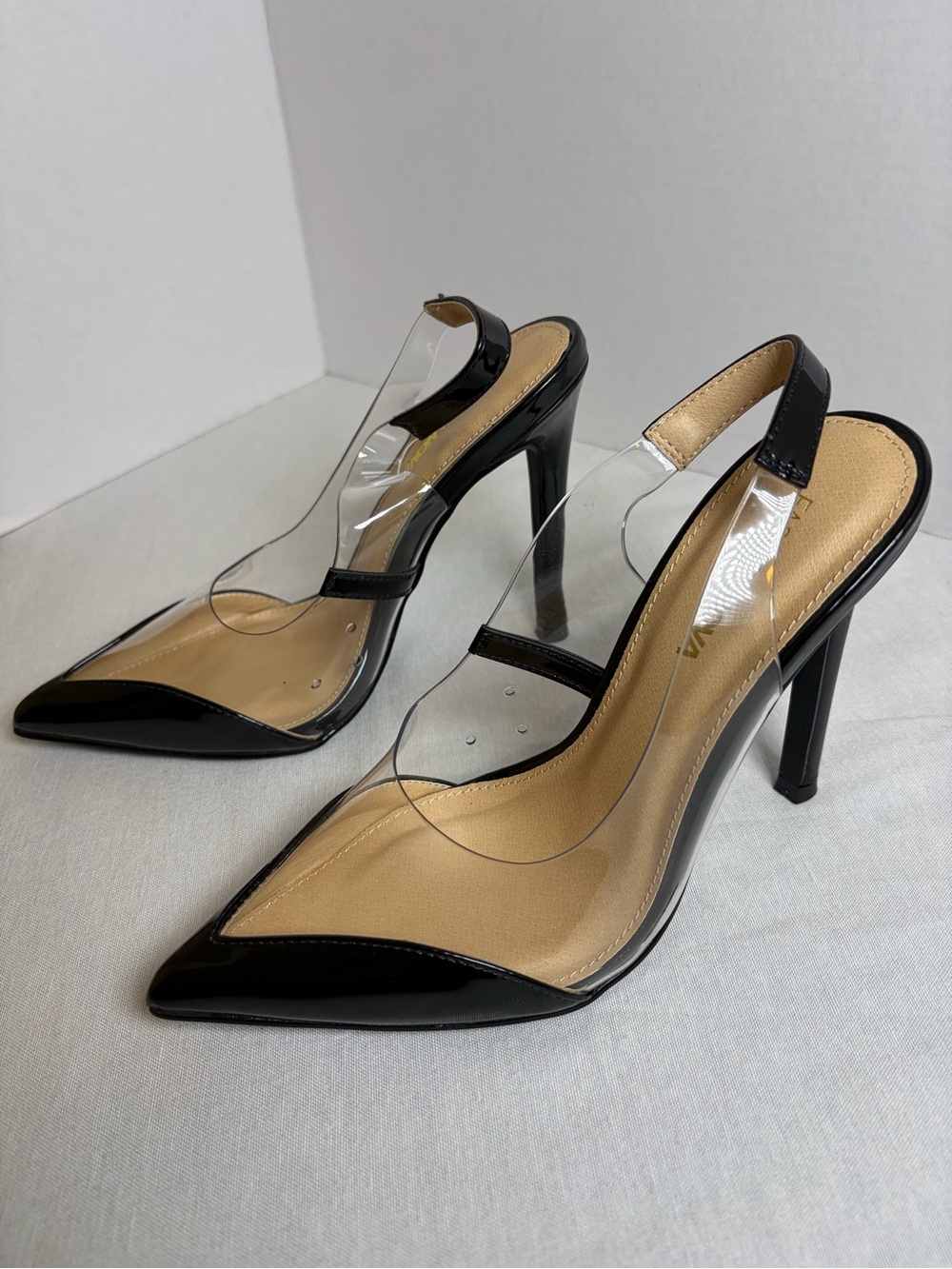 Fashion Nova Dare You Clear PVC Slingback Pumps Black Pointed Toe Heels Size 6 - Picture 4 of 10